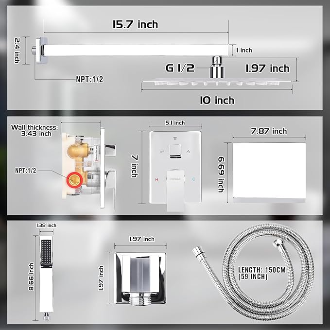 10 Inch Rainfall Shower System with Tub Spout Wall Mounted Complete Combo with Solid Brass Pressure Balancing Valve, High Pressure Shower Head, Handle Set & Installation Accessories Chrome