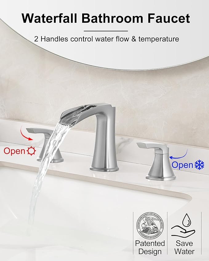 Brushed Nickel Bathroom Faucets, Brass Widespread Waterfall Faucet for Bathroom Sink, 3 Hole Bathroom Sink Faucet, 8 Inch 2 Handle Bathroom Vanity Faucets with Pop-up Drain for Lavatory RV