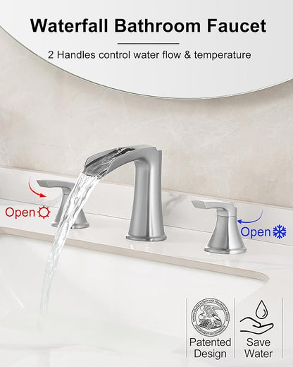 Brushed Nickel Bathroom Faucets, Brass Widespread Waterfall Faucet for Bathroom Sink, 3 Hole Bathroom Sink Faucet, 8 Inch 2 Handle Bathroom Vanity Faucets with Pop-up Drain for Lavatory RV