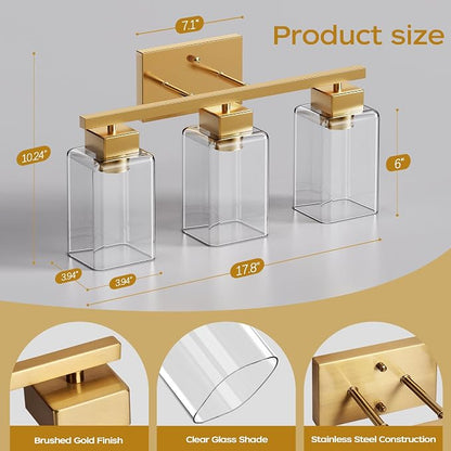 PARTPHONER 3-Light Bathroom Light Fixtures, Brushed Gold Modern Vanity Lights, Bathroom Lighting Fixtures Over Mirror, Square Design Farmhouse Wall Sconces with Clear Glass Shades