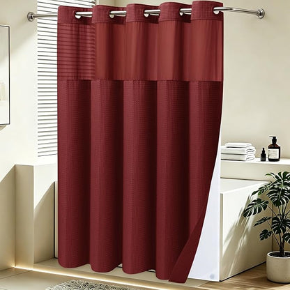 SORTTO No Hook Shower Curtain with Snap in Liner Set Waffle Shower Curtain for Bathroom Hotel Style Fabric Waterproof Inner Liner，71" W x 74" H, Burgundy