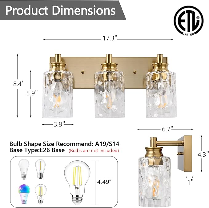 3 Light Bathroom Vanity Light Modern Brushed Gold Bathroom Light Fixtures Over Mirror with Hammered Glass Lampshade for Kitchen Hallway