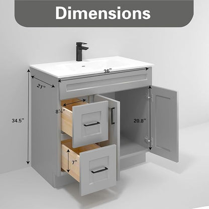 36" Light Grey Shaker Bathroom Vanity Base – Ready-to-Assemble Sink Cabinet with Drawers, Freestanding Bathroom Vanity Base Only, No Top or Sink