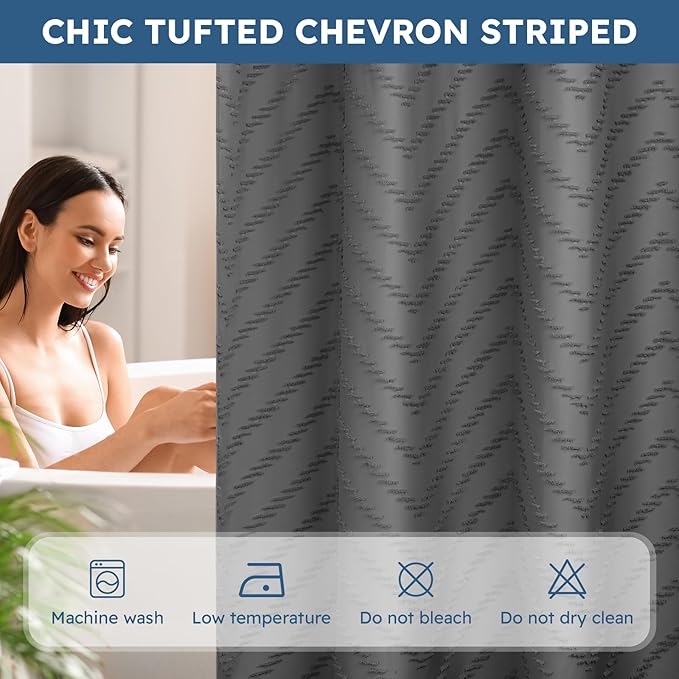 FADOTY Grey No Hook Shower Curtain Set with Snap in Liner, 71'' x 74'' | Bathroom Hotel Fabric Curtain, Waterproof Washable Liner, See Through Top Window, Ringless Chevron Tufted Cloth Curtain