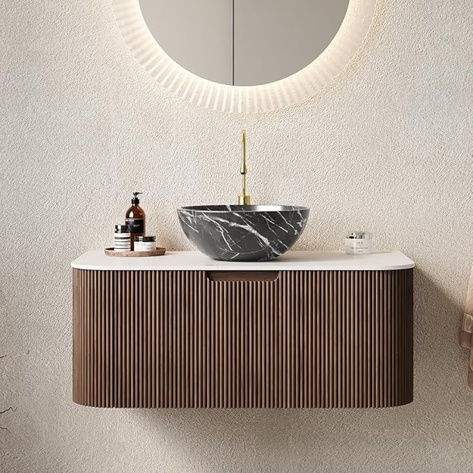 36'' Bathroom Vanities Cabinet with Sink Combo, Wall Mounted Floating Cabinet W/Curved Edges Stripes, Oak Plywood, Soft-Close System with a Drawer, Black Bowl Ceramic Basin - Kiel, Dark Walnut/R