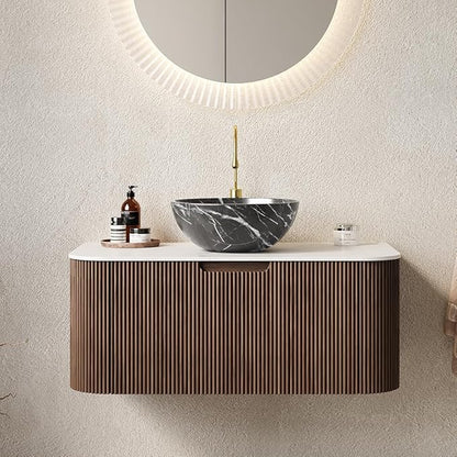 36'' Bathroom Vanities Cabinet with Sink Combo, Wall Mounted Floating Cabinet W/Curved Edges Stripes, Oak Plywood, Soft-Close System with a Drawer, Black Bowl Ceramic Basin - Kiel, Dark Walnut/R