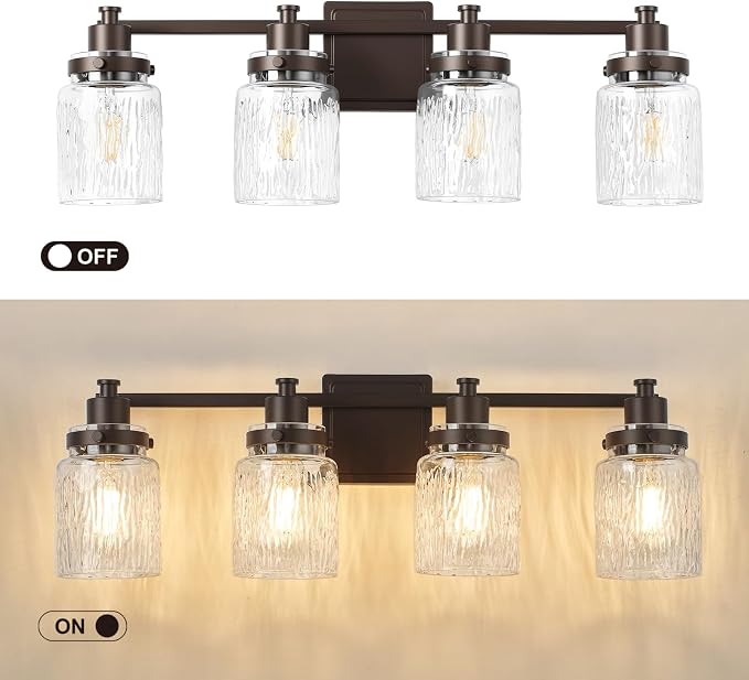 4 Light Bathroom Vanity Light Fixtures Farmhouse Oil Rubbed Bronze | ETL Certificate, Easy to Install,Wall Mount Up or Down,Hammered Glass Lampshade,E26 Socket,Hardwired,120V