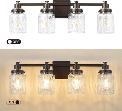 4 Light Bathroom Vanity Light Fixtures Farmhouse Oil Rubbed Bronze | ETL Certificate, Easy to Install,Wall Mount Up or Down,Hammered Glass Lampshade,E26 Socket,Hardwired,120V