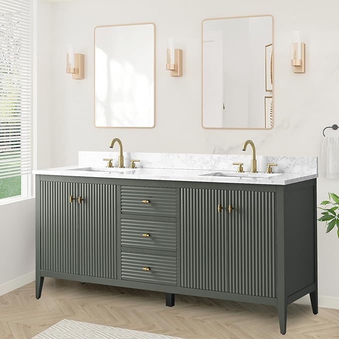 HOMEBEYOND 72" Bathroom Vanity with Double Sink, Solid Wood Bathroom Vanity Free-Standing Cabinet, Ceramic Top & Soft Closing Door, Golden Brushed Handware, Vintage Green