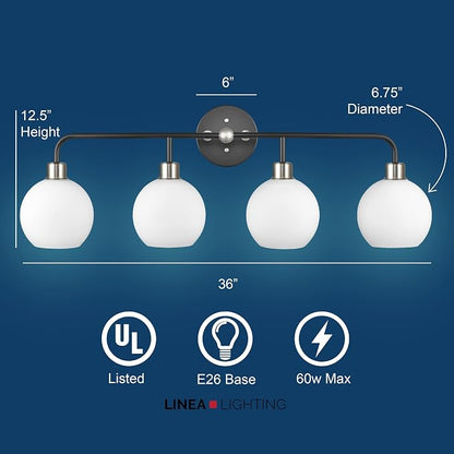 Lukasa Modern Bathroom Vanity Lights Fixtures 4-Lights Over Mirror Lighting Black with Brushed Nickel Vanity Lights for Bathroom Light Fixtures Frosted Glass Covers, UL Listed
