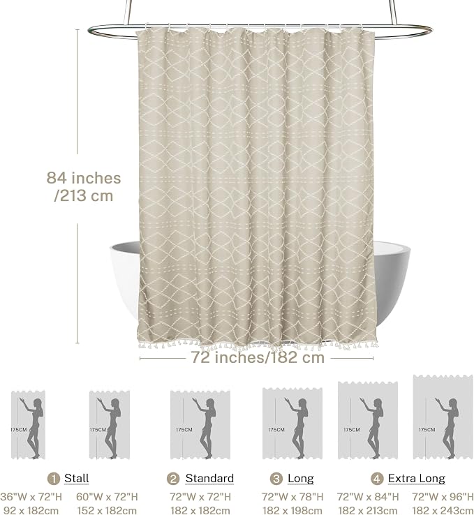 Siiluminisoy Extra Long Beige Boho Woven Fabric Cute 84 Inch Tufted Chevron Textured Striped Modern Farmhouse Minimalist Cloth Shower Curtain for Bathroom
