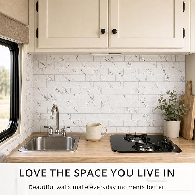 StyloVue 100 Pieces Peel and Stick Backsplash for Kitchen, 3" x 6" PVC Subway Tile, 2026 Upgraded Volakas White Marble, Stick on Wall Tile for Kitchen, Bathroom, Fireplace, RV