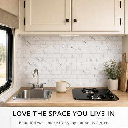 StyloVue 100 Pieces Peel and Stick Backsplash for Kitchen, 3" x 6" PVC Subway Tile, 2026 Upgraded Volakas White Marble, Stick on Wall Tile for Kitchen, Bathroom, Fireplace, RV
