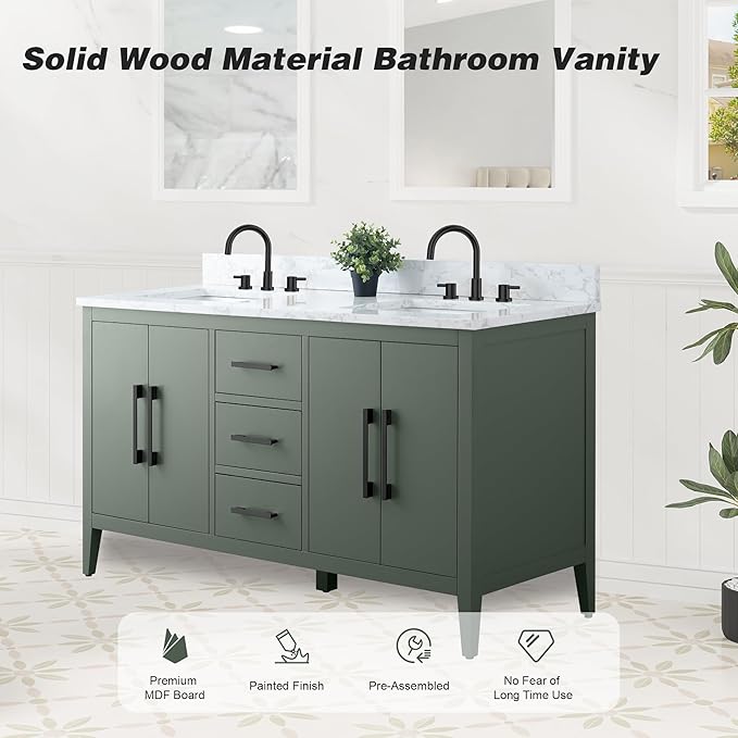 HomeBeyond 60 Inch Bathroom Vanity with Sink & Ceramic Top, Double Vanity Cabinet with Basin, Soft-Closing Doors & Matte Black Hardware, Vintage Green