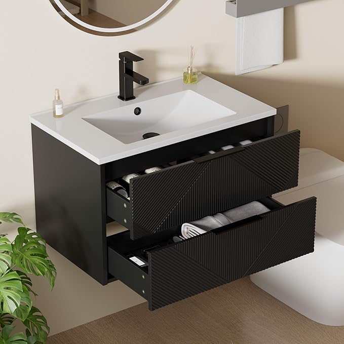 LUCKWIND 30" Floating Bathroom Vanity with Sink Combo, Wall Mounted Floating Cabinet with 2 Large Soft-Close Drawers & Water Saving Faucet, Geometric Textured Design in Black