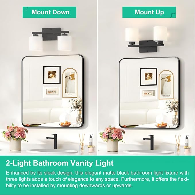 Honesorn Bathroom Light Fixtures Black, 2-Light Vanity Lights Over Mirror | Modern Bathroom Vanity Light with Milky White Frosted Shades, Wall Mounted Bathroom Lights, E26 Socket (Bulbs Not Included)