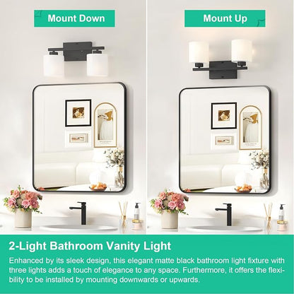 Honesorn Bathroom Light Fixtures Black, 2-Light Vanity Lights Over Mirror | Modern Bathroom Vanity Light with Milky White Frosted Shades, Wall Mounted Bathroom Lights, E26 Socket (Bulbs Not Included)