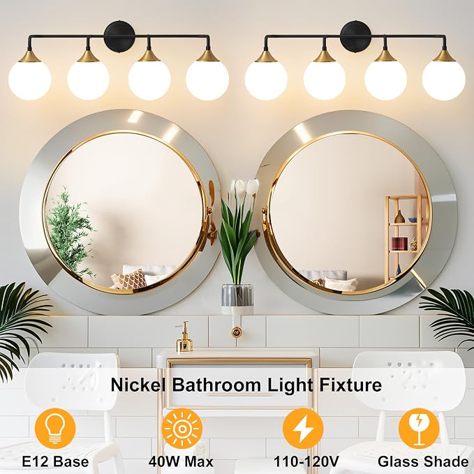 Black Gold Bathroom Light Fixtures Over Mirror Vanity 4-Light | Mid Century Modern Matte Black Gold Wall Sconce with Milky White Glass Ball Shades for for Bathroom Dressing Table Bedroom
