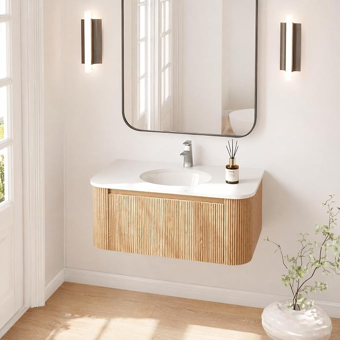 36 Inch Wall Mounted Bathroom Vanity with Ceramic Sink, Pre-Assembled Floating Vanity Cabinet with Marble Countertop, Wave Texture Finish & Drawer, Wood