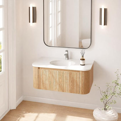 36 Inch Wall Mounted Bathroom Vanity with Ceramic Sink, Pre-Assembled Floating Vanity Cabinet with Marble Countertop, Wave Texture Finish & Drawer, Wood