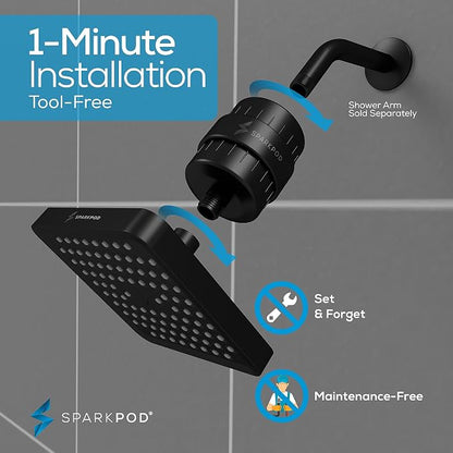 SparkPod Filtered Shower Head, 23-Stage, 6" Square, Black Matte | Showerhead for Hard Water, High Pressure, Reduces Chlorine, Heavy Metals, For Dry Skin & Hair, Removable Capsule Filter