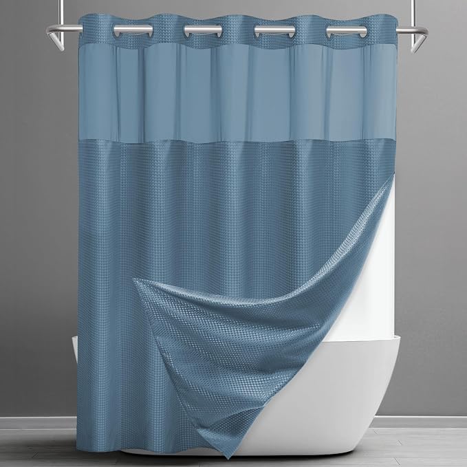 SORTTO No Hook Shower Curtain with Snap in Liner Set Waffle Shower Curtain for Bathroom Hotel Style Fabric Waterproof Inner Liner，71" W x 74" H, Moonlight Blue