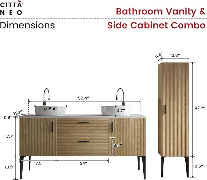 60" Bathroom Vanity with Double Sink and Side Cabinet Combo Set, Modern Double Ceramic Vessel Sink Bathroom Vanity with Soft-Close Drawers & Doors, Engineered Stone Countertop, Natural Oak