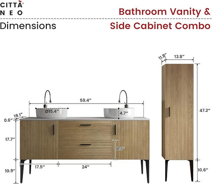 60" Bathroom Vanity with Double Sink and Side Cabinet Combo Set, Modern Double Ceramic Vessel Sink Bathroom Vanity with Soft-Close Drawers & Doors, Engineered Stone Countertop, Natural Oak