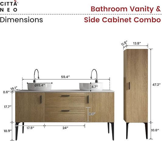 60" Bathroom Vanity with Double Sink and Side Cabinet Combo Set, Modern Double Ceramic Vessel Sink Bathroom Vanity with Soft-Close Drawers & Doors, Engineered Stone Countertop, Natural Oak