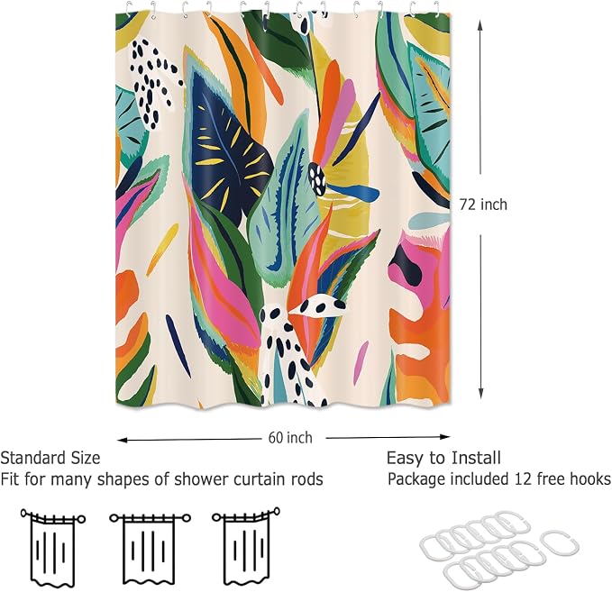 Colorful Abstract Shower Curtain, Floral Boho Modern Asthetic Plant Bathroom Curtain, Waterproof Polyester Fabric Shower Curtain Set with Hooks 60x72 Inch