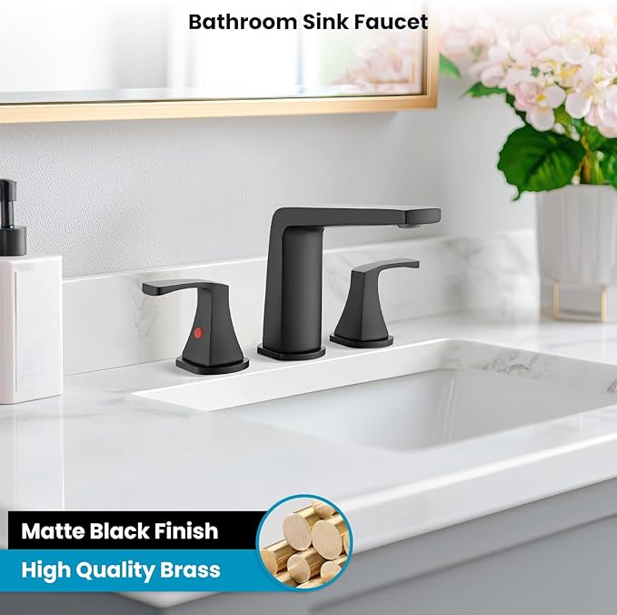 gotonovo Bathroom Sink Faucet 3 Holes 2 Handles Widespread 8 Inch Bathroom Faucet with Pop Up Drain Hot Cold Water Supply Lines Lavatory Vanity Mixer Tap, Thin Style, Matte Black