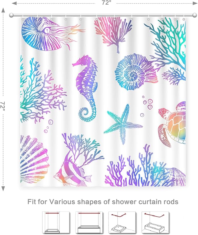 Nautical Coastal Shower Curtain, Beach Shower Curtains Sea Horse Coral Turtle Starfish Seashell Conch Ocean Themed Kids ShowerCurtain Set Polyester Fabric Machine Washable Decor Bath curtains