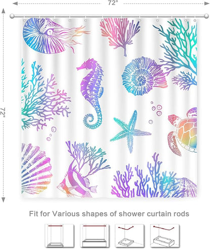 Nautical Coastal Shower Curtain, Beach Shower Curtains Sea Horse Coral Turtle Starfish Seashell Conch Ocean Themed Kids ShowerCurtain Set Polyester Fabric Machine Washable Decor Bath curtains