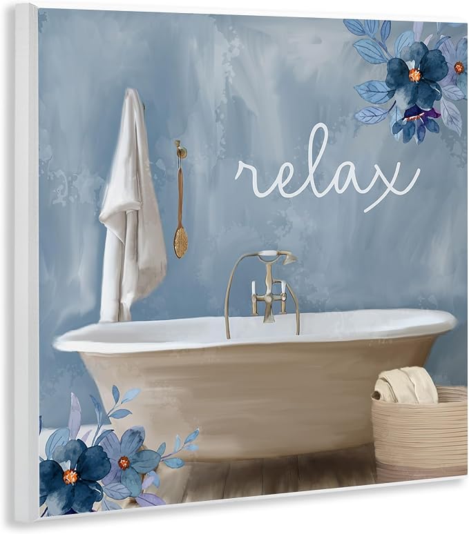 Stupell Industries Blue Floral Relax Bathroom Scene Wood Wall Art, Design by Kim Allen, 12 x 12, Wall Plaque | Stupell Industries · By Kim Allen · Ready to hang · Calm bath and laundry decor · Made in USA