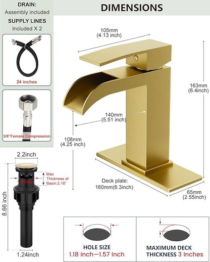 Midanya Waterfall Bathroom Faucet, Single Handle Bathroom Sink Faucet for Sink 1 or 4 Inch 3 Hole, Stainless Steel Vanity Faucets with Deck Plate and Pop up Drain,Brushed Gold