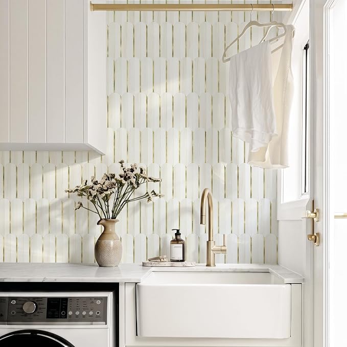Vamos Tile Peel and Stick Backsplash Seamless Tile,Fish Scale,Glossy,10 pcs | 11.9''x10.8'',White& Dolomite PVC+Light Gold Stick on Backsplash Tile for Kitchen & Bathroom & Laundry & Camper