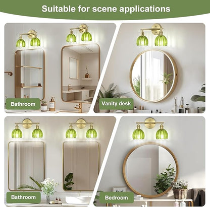 Vintage Bathroom Light Fixtures,2-Light Hardwired Vanity Lights with Green Tulip Glass Shade,Gold Bathroom Vanity Light for Mirror Restroom,E26 Socket,14.57 in(Bulbs Not Included)