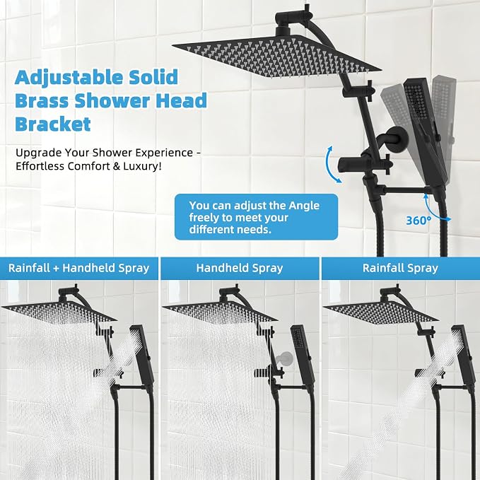 Hibbent All Metal CUPC Certified 12'' Rainfall Shower Head, Dual Shower Head Combo, High Pressure Handheld 4 Sprays Shower Wand, 16'' Adjustable Extension Arm, 71'' Hose, Shower Holder, Matte Black