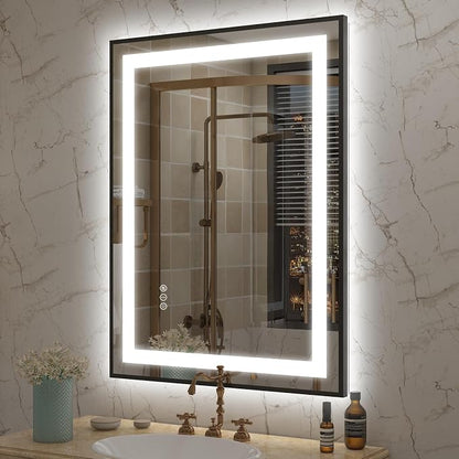 OKPAL 24x32 LED Bathroom Mirror with Black Frame, Lighted Mirrors for Bathroom Wall, Frontlit & Backlit LED Bathroom Vanity Mirror, Anti-Fog, Dimmable, Shatterproof, ETL Listed