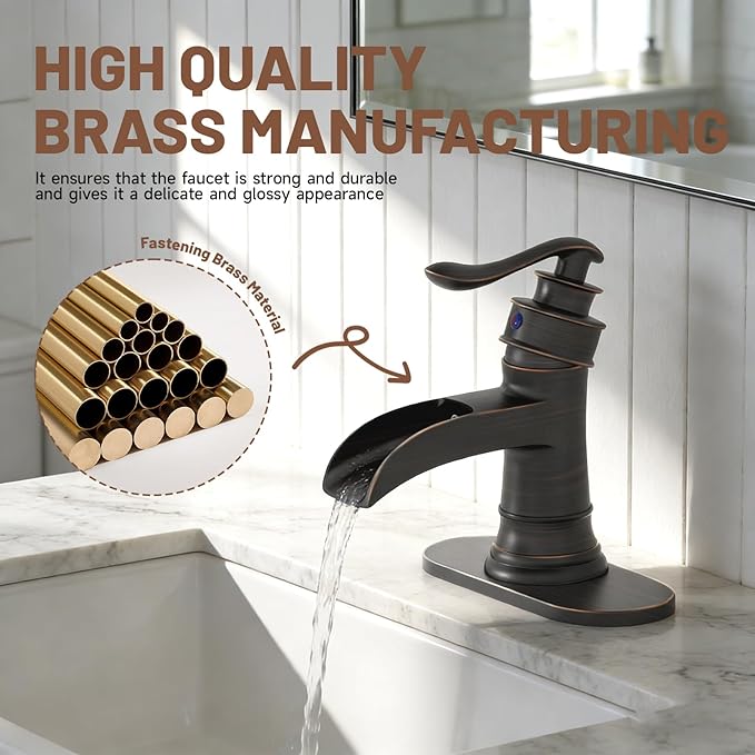 Oil Rubbed Bronze Waterfall Bathroom Faucet Single Hole Brushed Bronze Single Handle Bathroom Sink Faucets Lavatory Vanity Bath Deck Mount One Hole Mixer Tap Supply Lines Hose by Bathfinesse