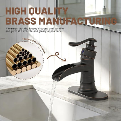 Oil Rubbed Bronze Waterfall Bathroom Faucet Single Hole Brushed Bronze Single Handle Bathroom Sink Faucets Lavatory Vanity Bath Deck Mount One Hole Mixer Tap Supply Lines Hose by Bathfinesse