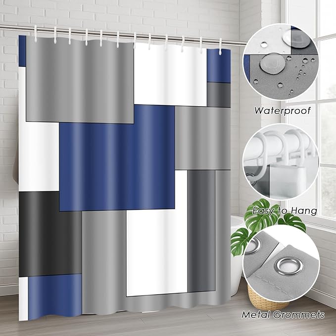 Bathroom Sets with Shower Curtain and Rugs, 4 Pcs, Geometric Navy | Abstract Checkered Modern Bathroom Decor Set with Toilet Lid Cover, Non-Slip Bath Mats and Accessories 12 Hooks