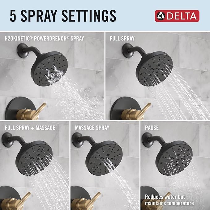 Delta Nicoli 14 Series H2Okinetic Shower Faucet Set, Matte Black/ Brushed Gold Shower Head and Handle Set, Valve Trim Kit, Matte Black/ Champagne Bronze 142749-GZ (Shower Valve Included)