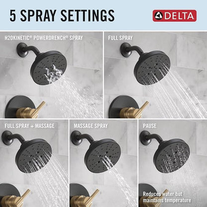 Delta Nicoli 14 Series H2Okinetic Shower Faucet Set, Matte Black/ Brushed Gold Shower Head and Handle Set, Valve Trim Kit, Matte Black/ Champagne Bronze 142749-GZ (Shower Valve Included)