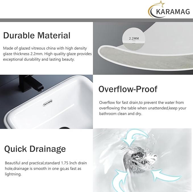 Bathroom Vessel Sink 19x15 Inch Drop In Bathroom Sink Rectangular Semi Recessed Bathroom Sinks with Overflow White Ceramic Modern Sinks Bowl Vanity Above Counter Basin