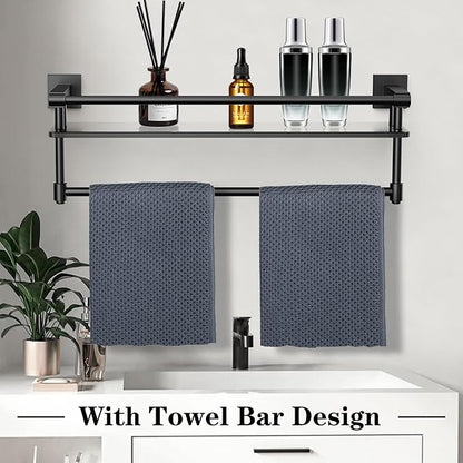 Glass Shelf for Bathroom 20 Inch Bathroom Shelves with Towel Bar Tempered Glass Shelves with Stainless Steel Towel Holder for Wall (All Matte Black)