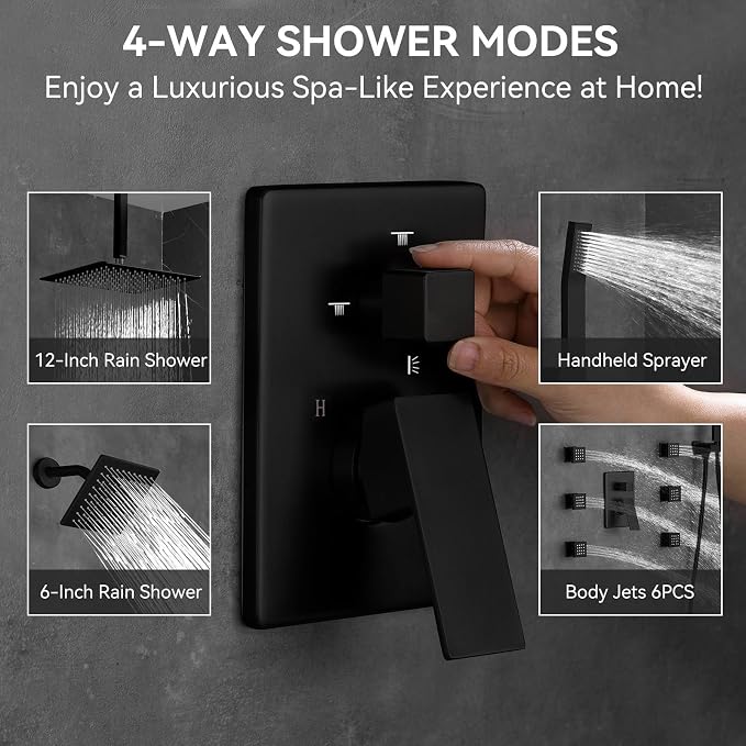 Shower System Matte Black Dual Shower Head with Body Jets, Oupukle Four Modes Shower Faucet Set Ceiling Mount 12" Rain Shower Head & 6" Wall Mounted Head with 6PCS Body Jets