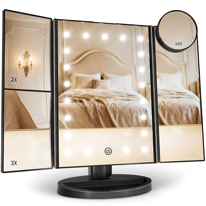 HUONUL 2X/3X/10X Magnifying Vanity Mirror with Light, Trifold Makeup Mirror | Touch Dimming, Dual Power, Clear View for Makeup, Skincare. Dorm Room Essentials. Birthday Gifts for Women, Mom, Wife, Girls
