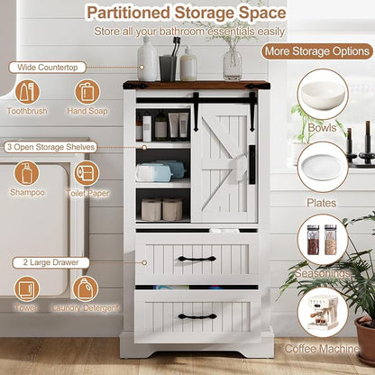 Giantex Bathroom Storage Cabinet, Farmhouse Wooden Floor Cabinet w/Sliding Barn Door, 2 Drawers & Adjustable Shelves, Modern Freestanding Storage Organizer for Living Room, Entryway, Kitchen