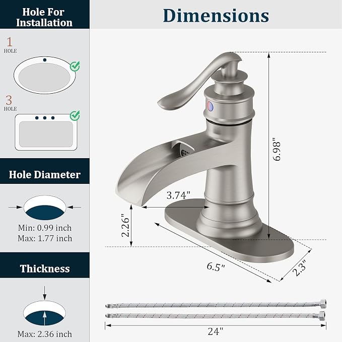 Brushed Nickel Waterfall Bathroom Faucet Single Handle Bathroom Sink Faucet | 1 Hole or 3 Hole Sink Brass Waterfall Faucet for Vintage Antique Lavatory Washroom with Pop Up Drain Deck Plate by BATHLAVISH